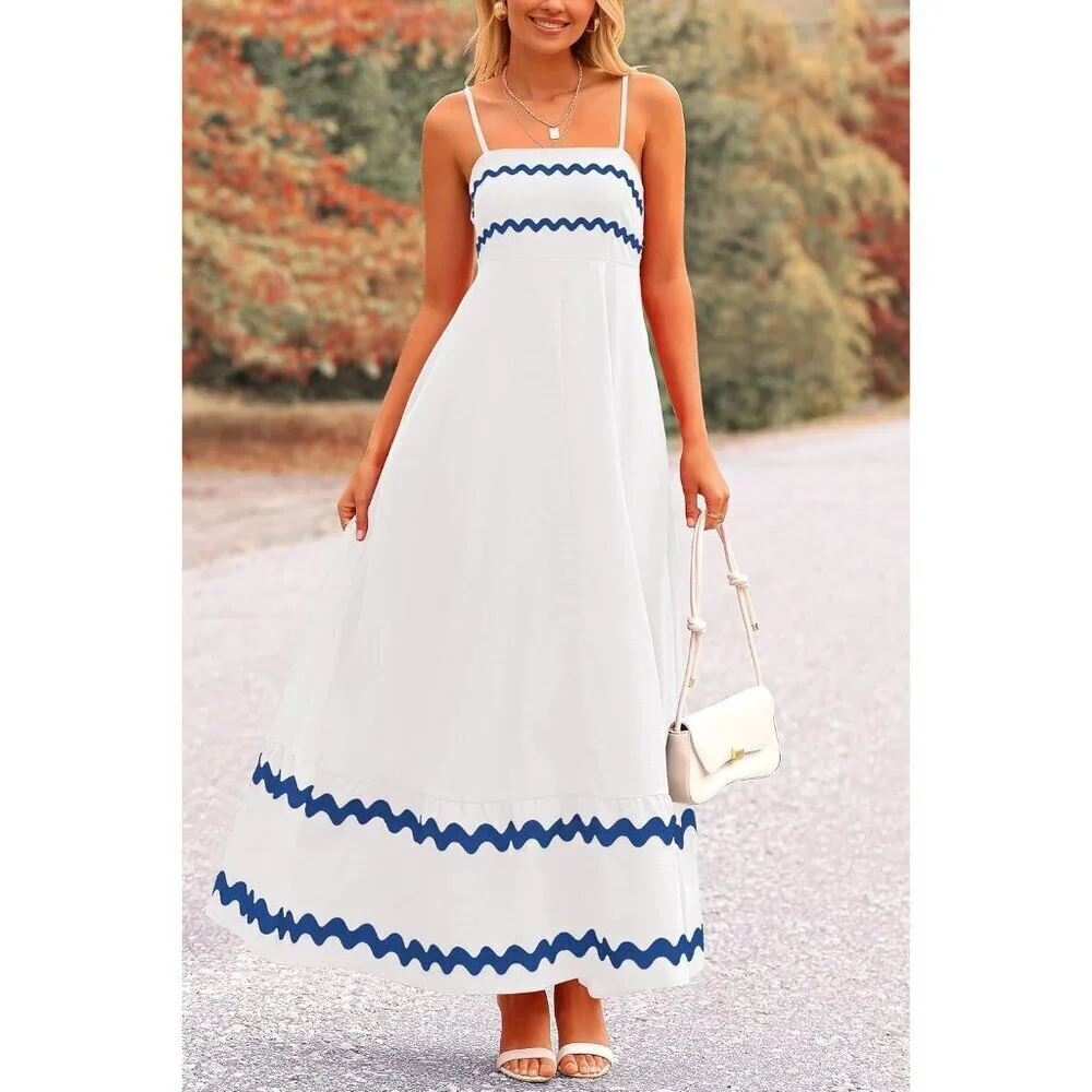 Women's White Blue Casual Sleeveless Spaghetti Strap Ruffle Beach Maxi Dress